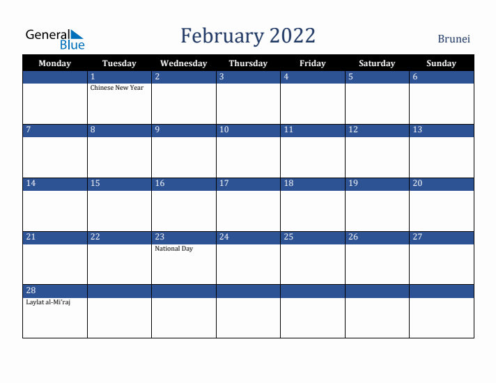 February 2022 Brunei Calendar (Monday Start)