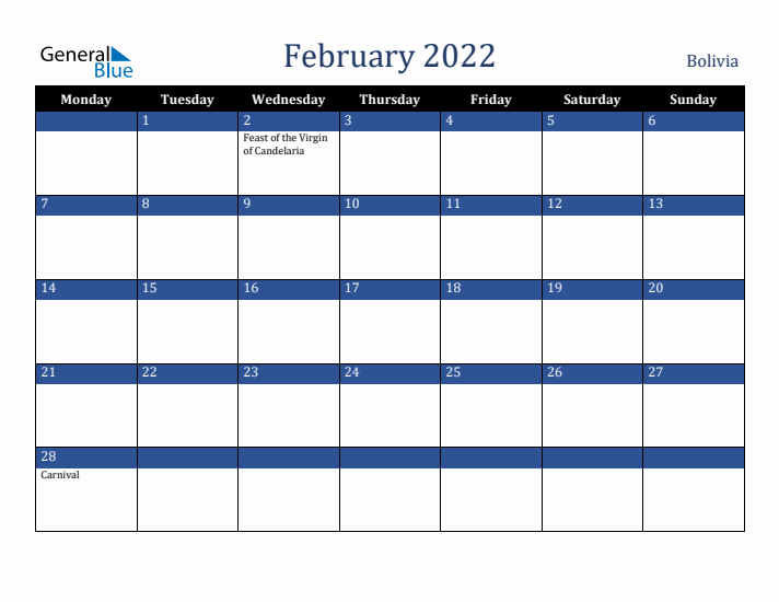 February 2022 Bolivia Calendar (Monday Start)
