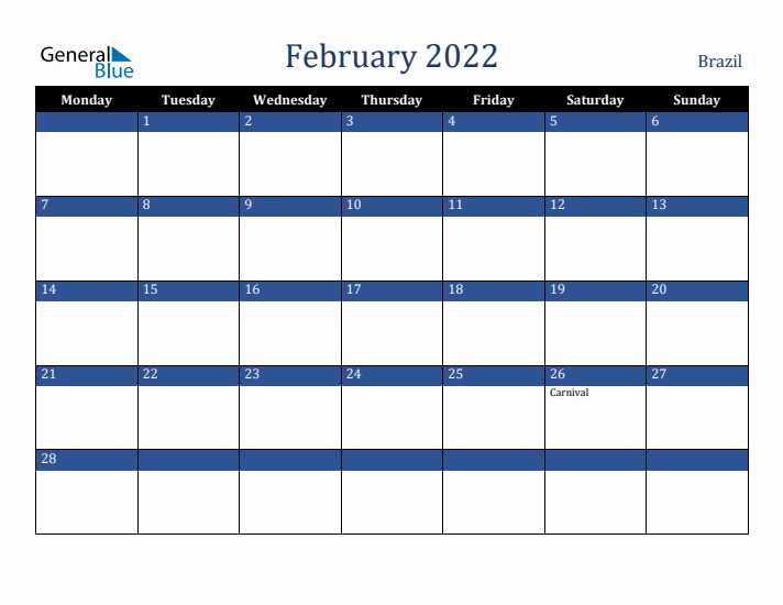 February 2022 Brazil Calendar (Monday Start)