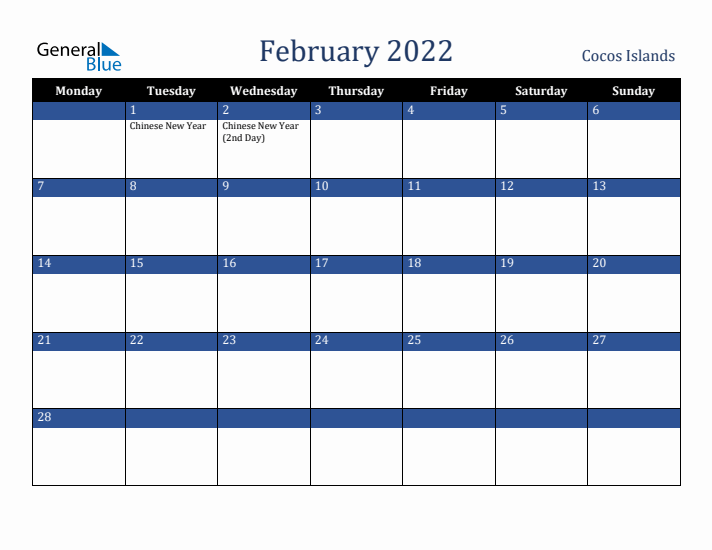 February 2022 Cocos Islands Calendar (Monday Start)