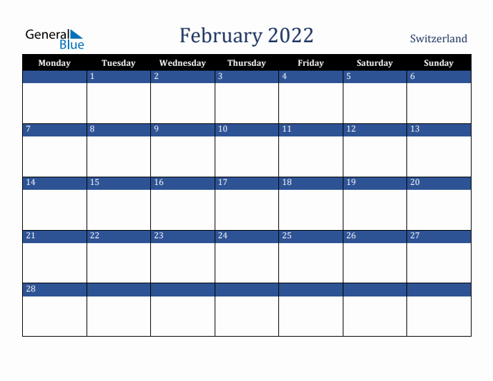 February 2022 Switzerland Calendar (Monday Start)