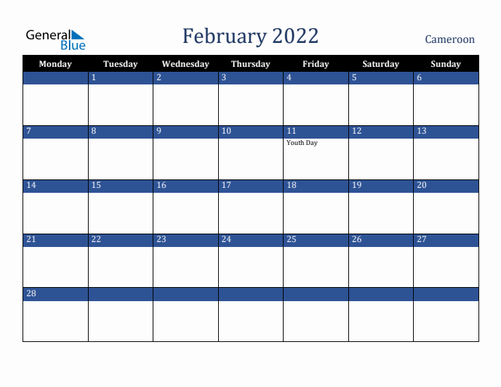 February 2022 Cameroon Calendar (Monday Start)