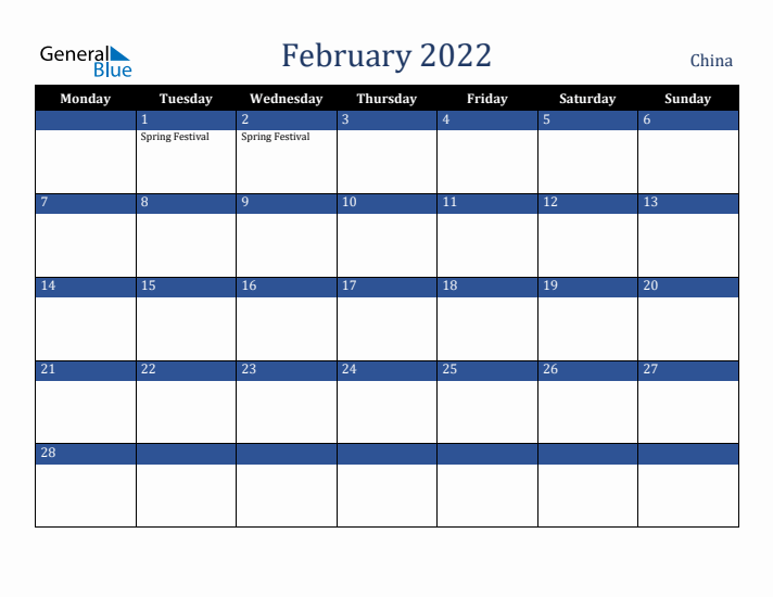 February 2022 China Calendar (Monday Start)