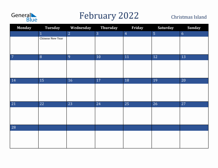 February 2022 Christmas Island Calendar (Monday Start)