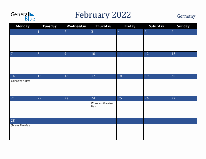 February 2022 Germany Calendar (Monday Start)