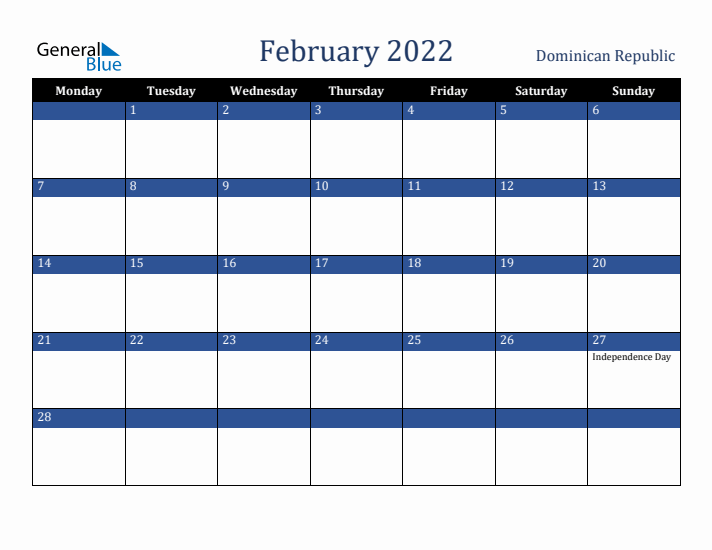 February 2022 Dominican Republic Calendar (Monday Start)