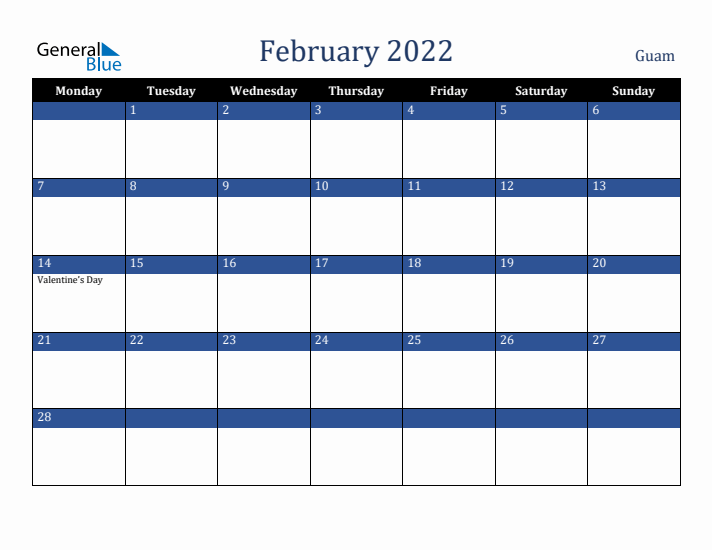 February 2022 Guam Calendar (Monday Start)