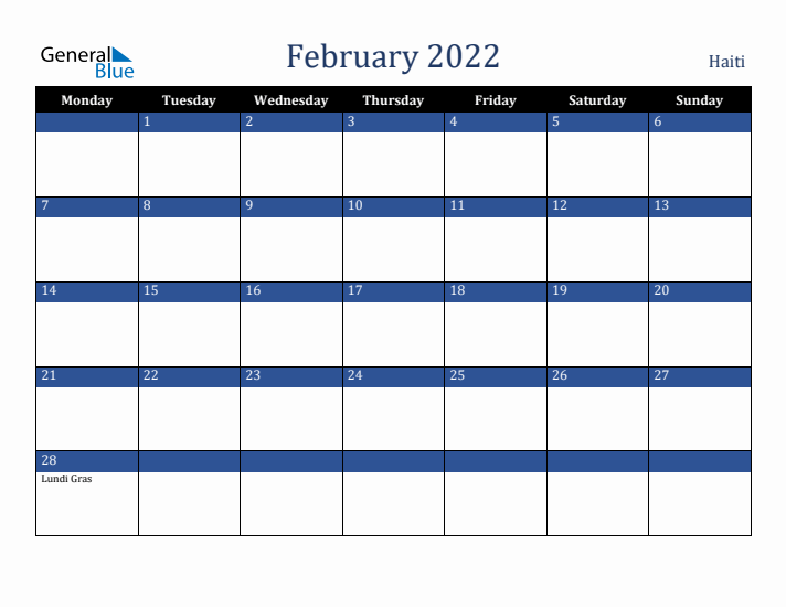 February 2022 Haiti Calendar (Monday Start)