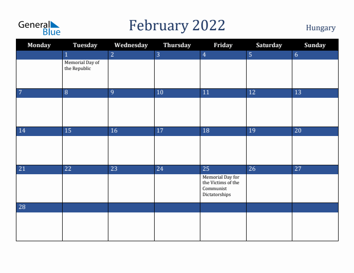 February 2022 Hungary Calendar (Monday Start)