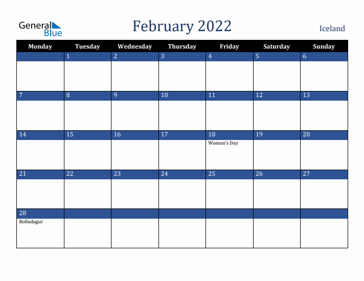 February 2022 Iceland Calendar (Monday Start)