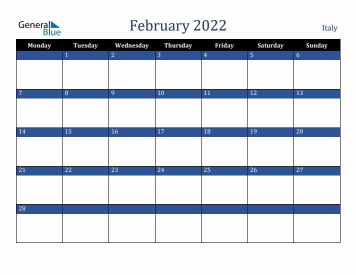 February 2022 Italy Calendar (Monday Start)