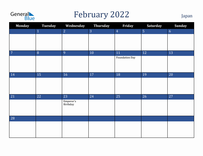 February 2022 Japan Calendar (Monday Start)