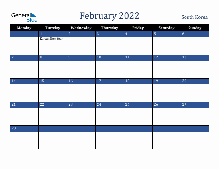 February 2022 South Korea Calendar (Monday Start)