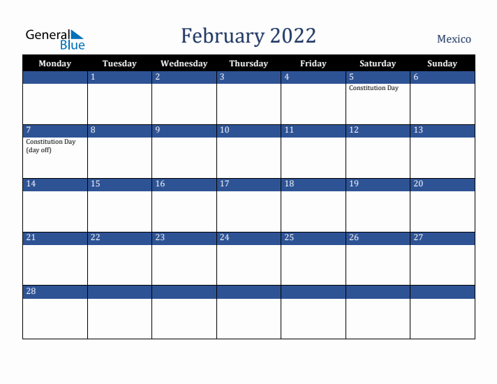 February 2022 Mexico Calendar (Monday Start)