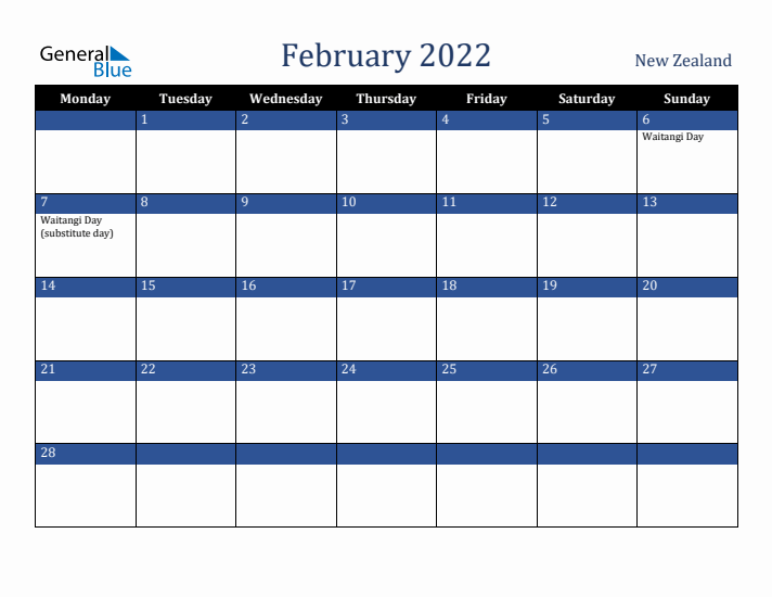 February 2022 New Zealand Calendar (Monday Start)
