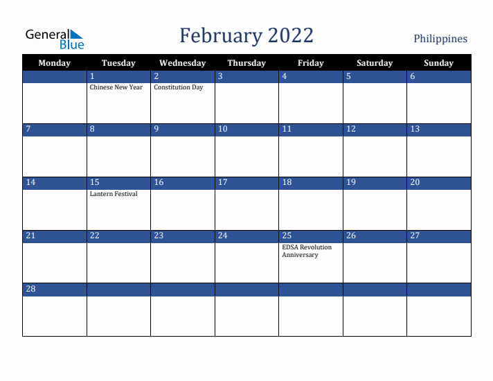 February 2022 Philippines Calendar (Monday Start)