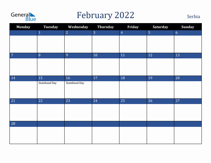 February 2022 Serbia Calendar (Monday Start)