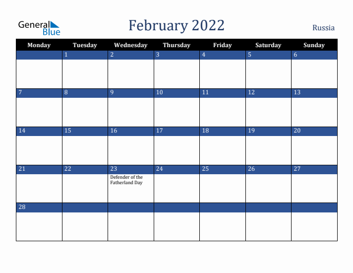 February 2022 Russia Calendar (Monday Start)