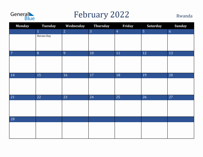 February 2022 Rwanda Calendar (Monday Start)