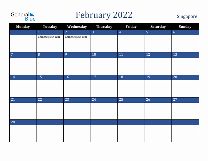 February 2022 Singapore Calendar (Monday Start)