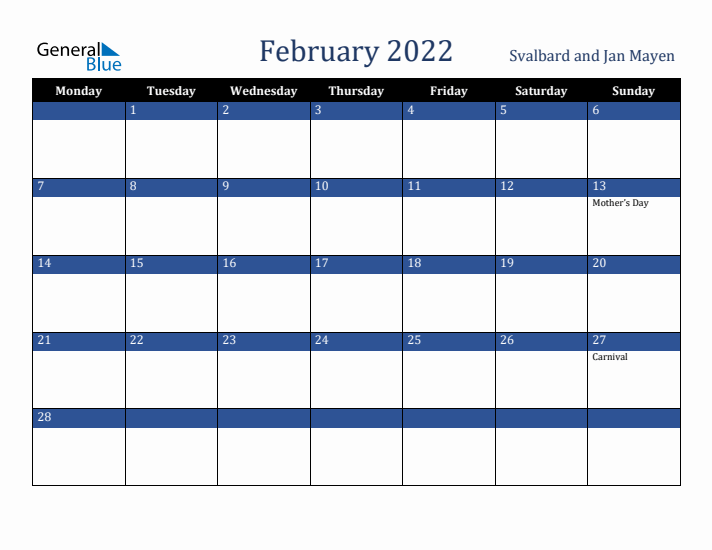 February 2022 Svalbard and Jan Mayen Calendar (Monday Start)