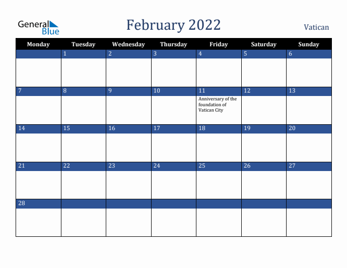 February 2022 Vatican Calendar (Monday Start)
