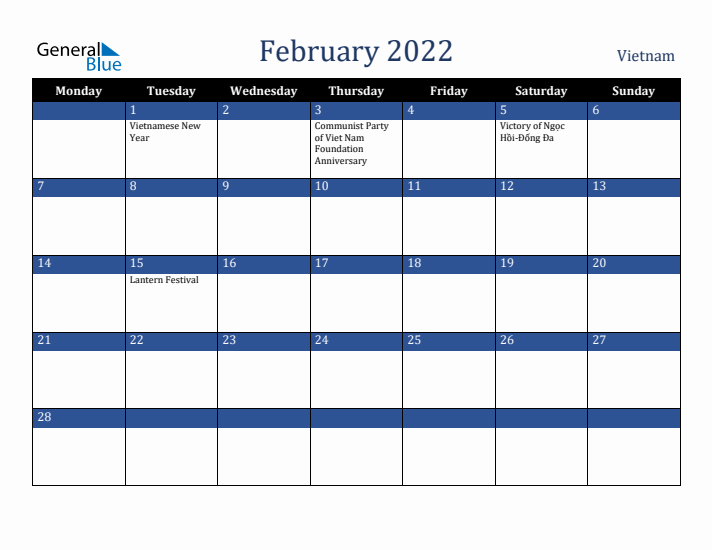 February 2022 Vietnam Calendar (Monday Start)