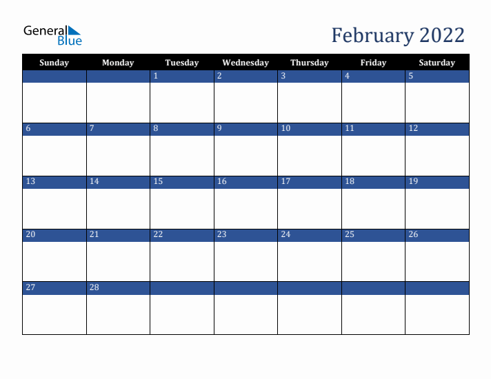 Sunday Start Calendar for February 2022
