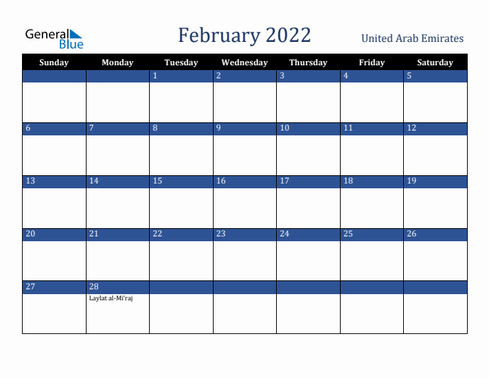 February 2022 United Arab Emirates Calendar (Sunday Start)