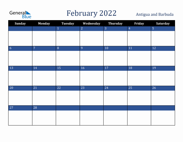February 2022 Antigua and Barbuda Calendar (Sunday Start)