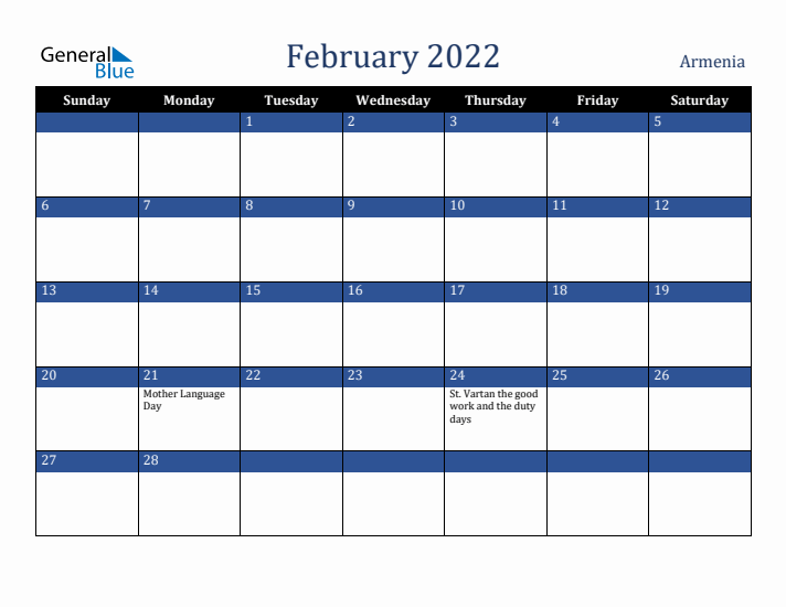 February 2022 Armenia Calendar (Sunday Start)