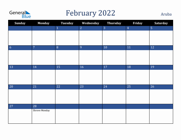 February 2022 Aruba Calendar (Sunday Start)