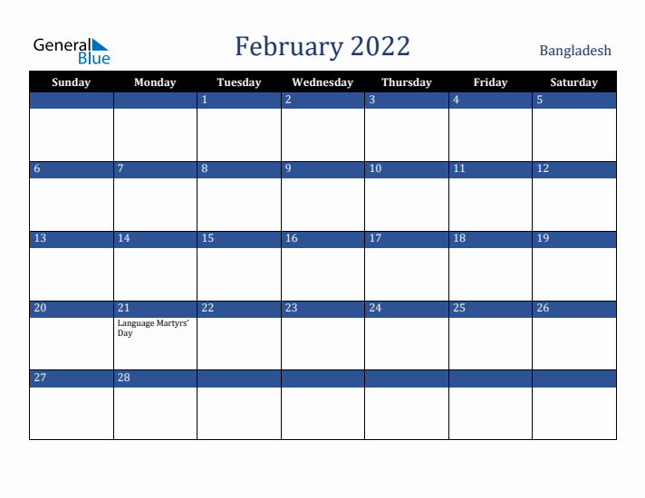 February 2022 Bangladesh Calendar (Sunday Start)