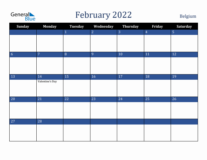 February 2022 Belgium Calendar (Sunday Start)