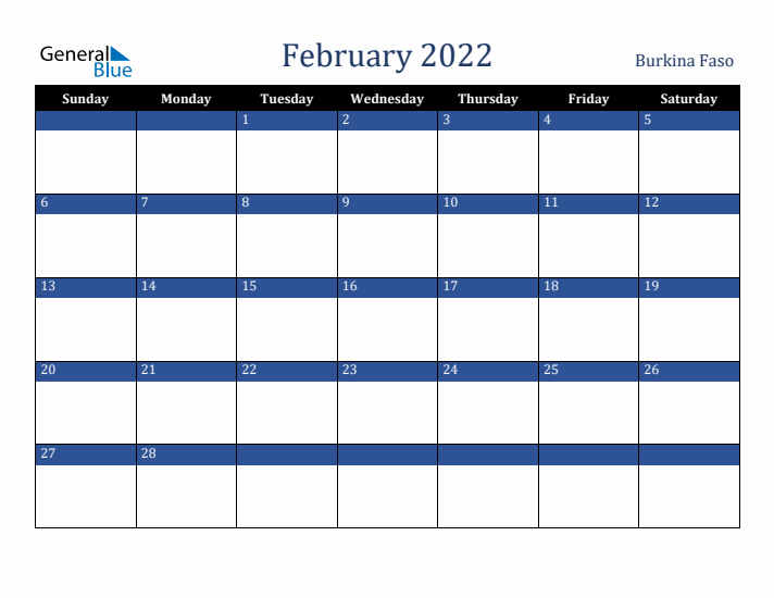 February 2022 Burkina Faso Calendar (Sunday Start)
