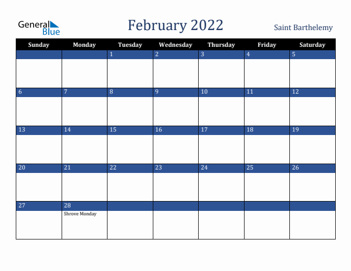 February 2022 Saint Barthelemy Calendar (Sunday Start)