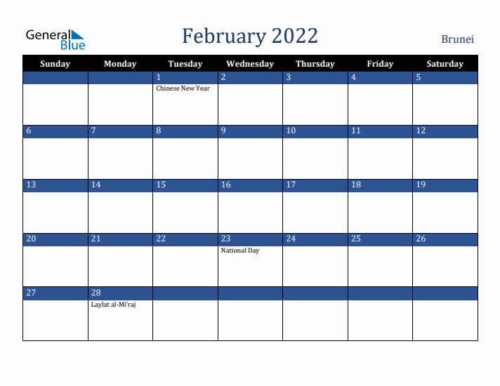February 2022 Brunei Calendar (Sunday Start)