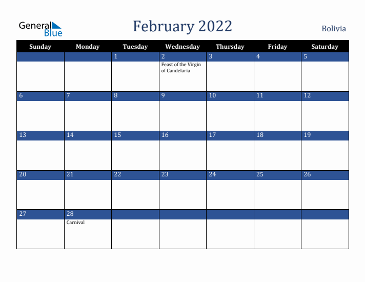 February 2022 Bolivia Calendar (Sunday Start)