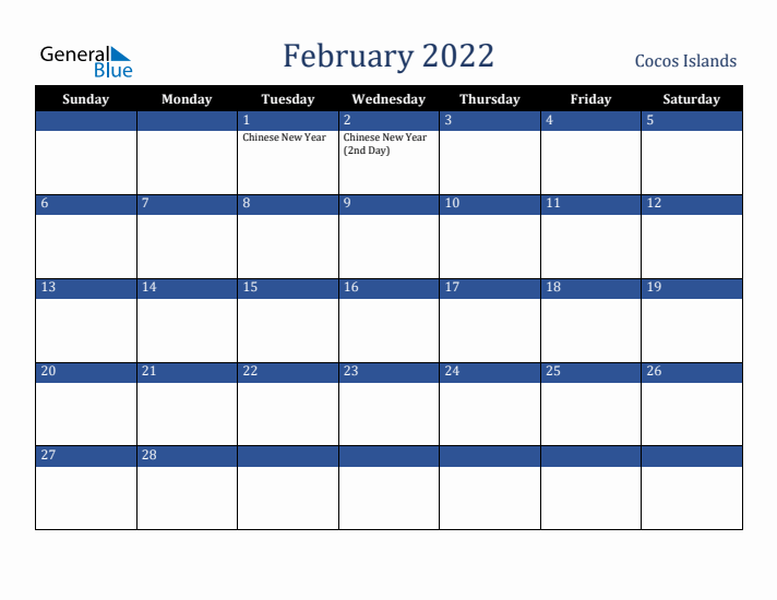 February 2022 Cocos Islands Calendar (Sunday Start)