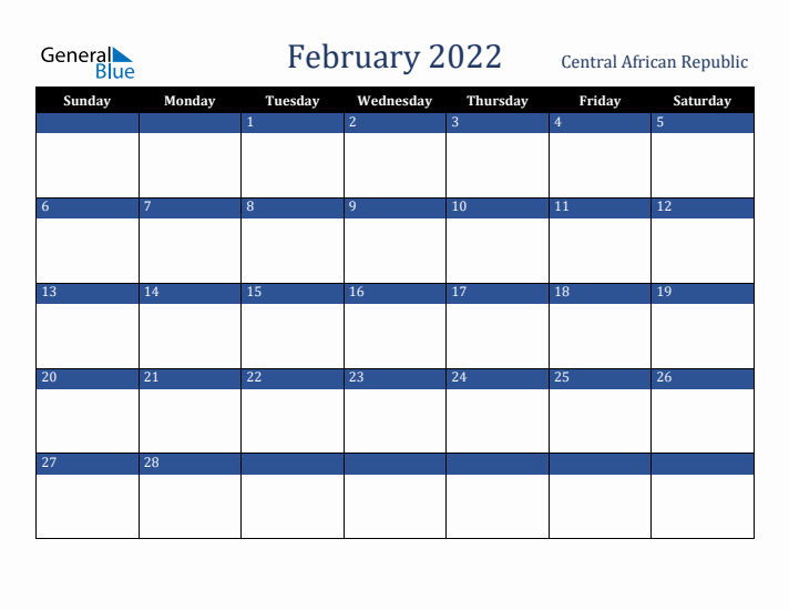 February 2022 Central African Republic Calendar (Sunday Start)