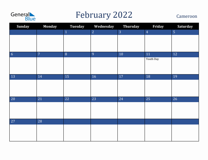 February 2022 Cameroon Calendar (Sunday Start)
