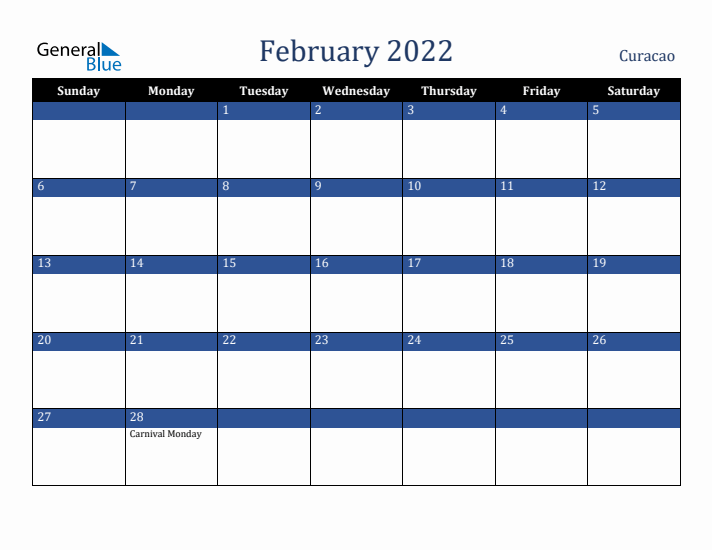 February 2022 Curacao Calendar (Sunday Start)