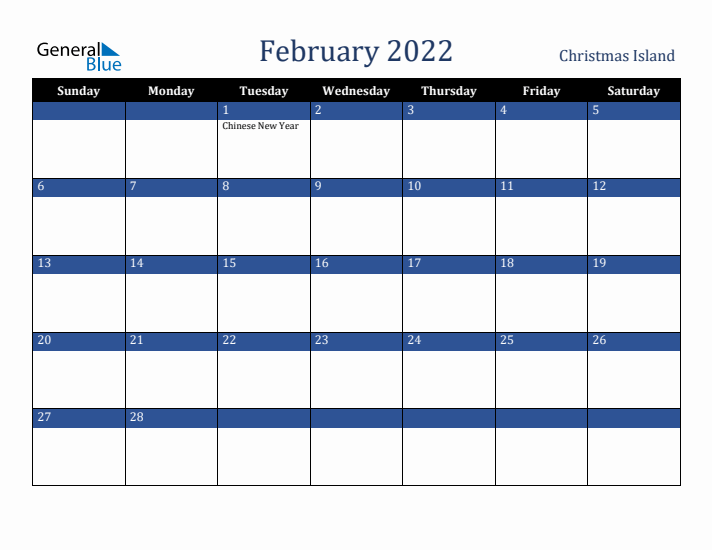 February 2022 Christmas Island Calendar (Sunday Start)