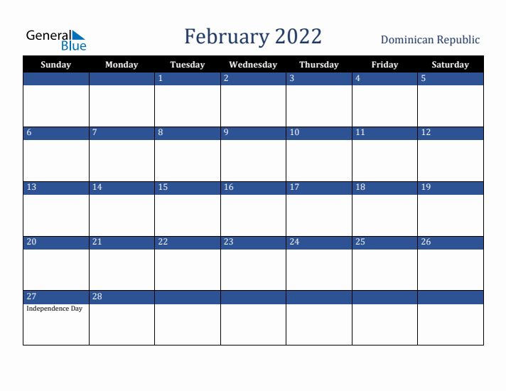 February 2022 Dominican Republic Calendar (Sunday Start)