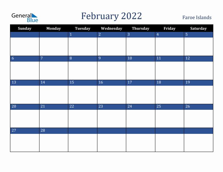 February 2022 Faroe Islands Calendar (Sunday Start)