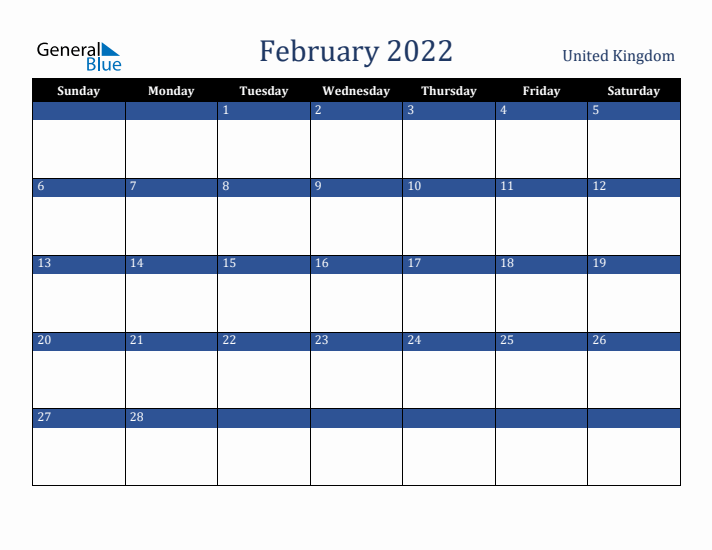 February 2022 United Kingdom Calendar (Sunday Start)
