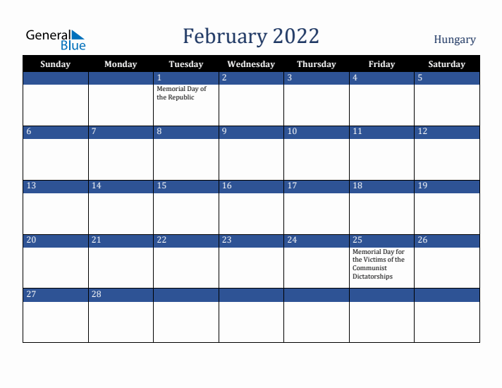 February 2022 Hungary Calendar (Sunday Start)
