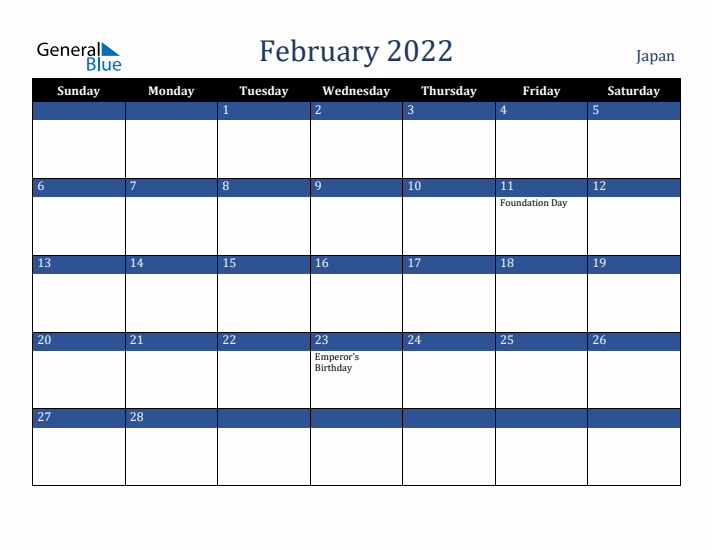 February 2022 Japan Calendar (Sunday Start)
