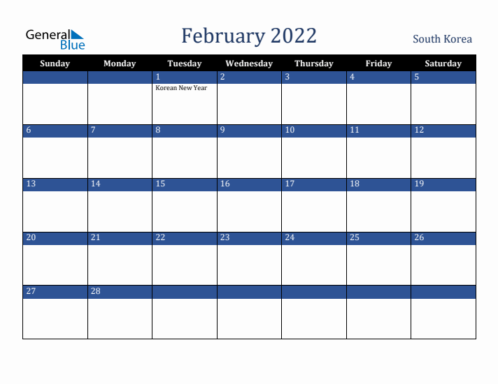 February 2022 South Korea Calendar (Sunday Start)