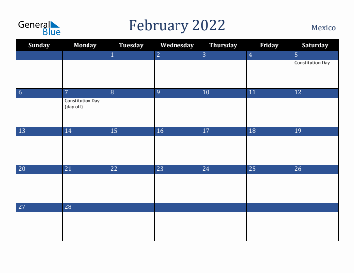 February 2022 Mexico Calendar (Sunday Start)